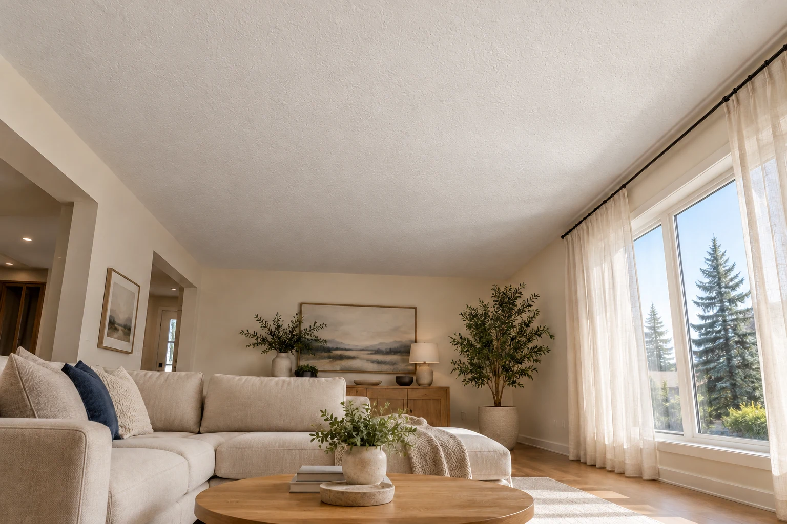 AI-generated room preview with a knockdown ceiling