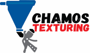 Chamos Texturing company logo featuring a spray hopper and bold text.